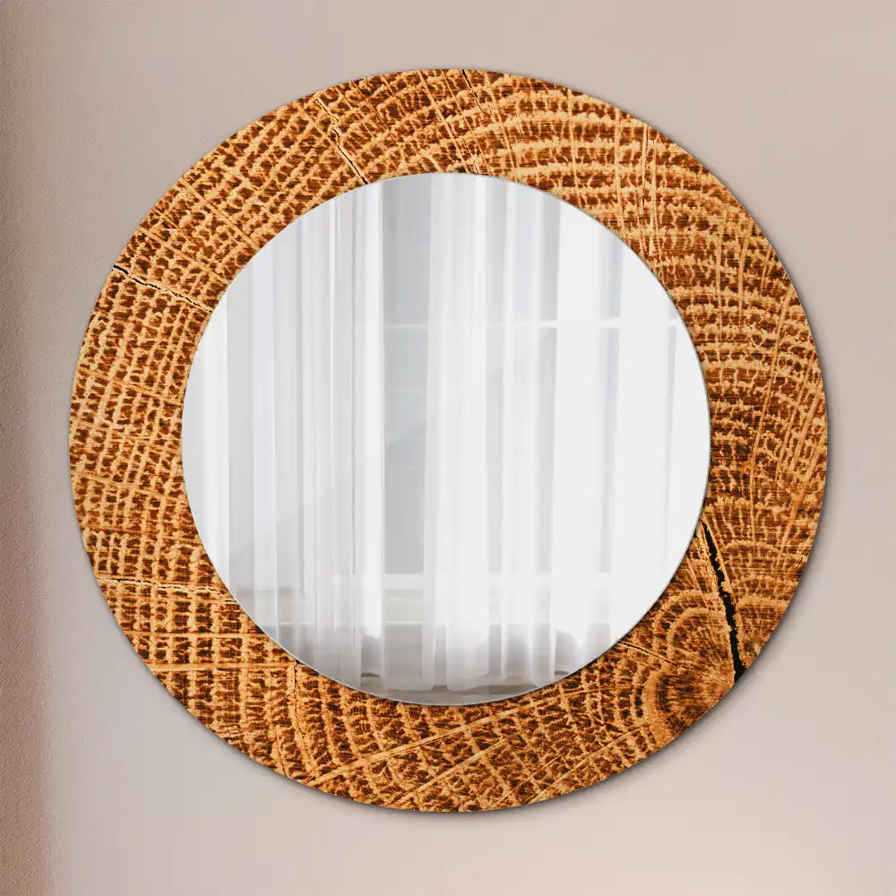 Round mirror frame with print Oak wood