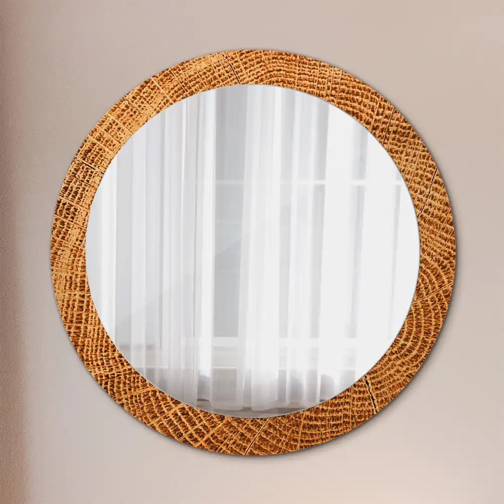 Round mirror frame with print Oak wood