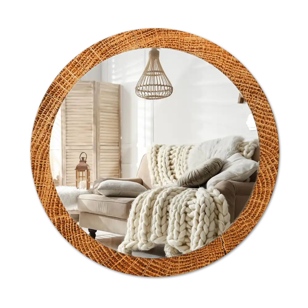 Round mirror frame with print Oak wood