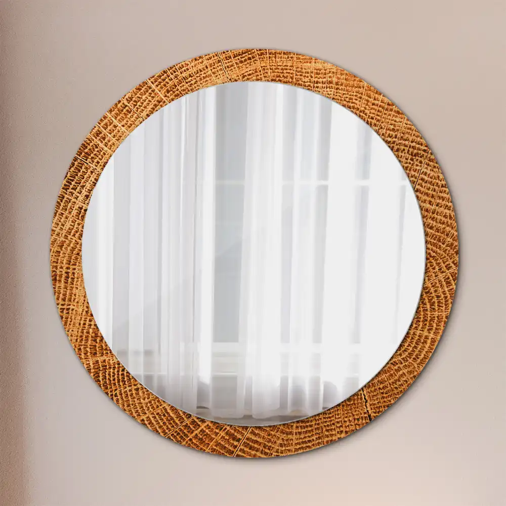 Round mirror frame with print Oak wood