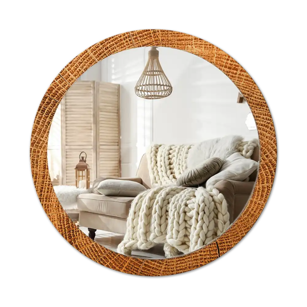 Round mirror frame with print Oak wood