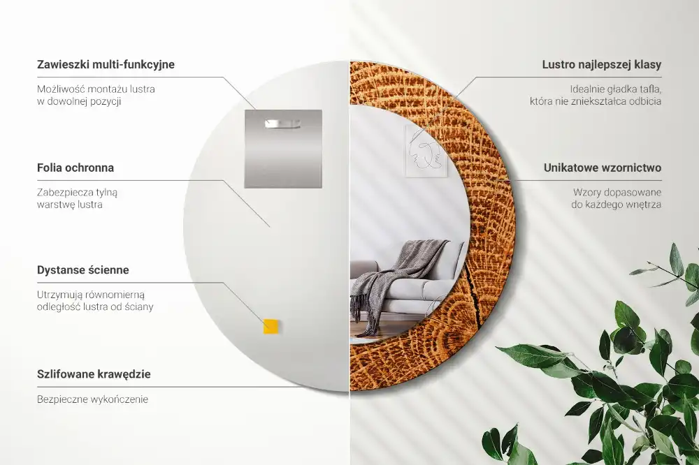 Round mirror frame with print Oak wood