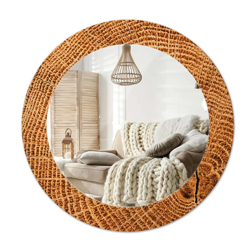 Round mirror frame with print Oak wood