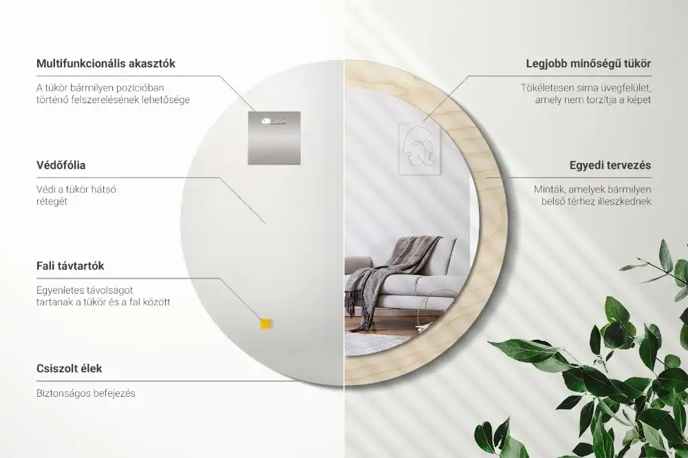 Round mirror frame with print Light wood