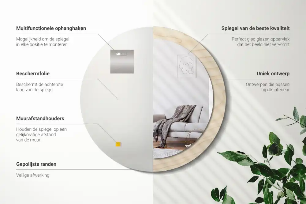 Round mirror frame with print Light wood