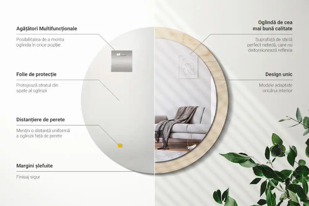 Round mirror frame with print Light wood