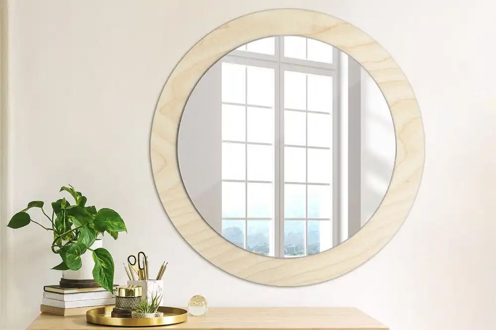 Round mirror frame with print Light wood