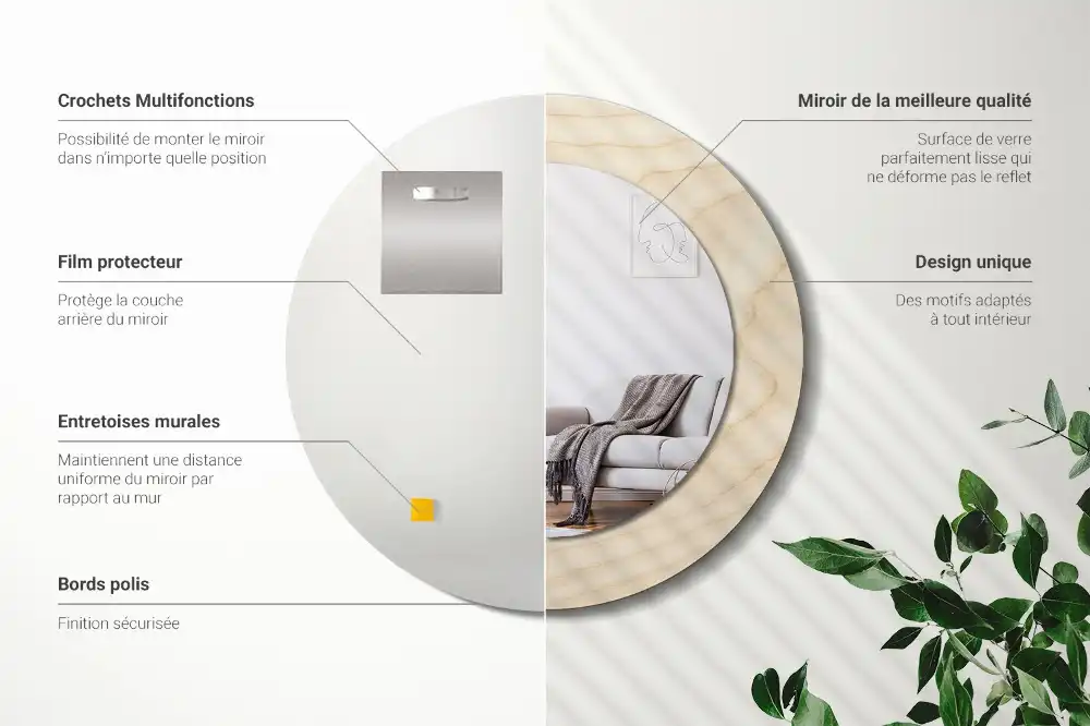 Round mirror frame with print Light wood