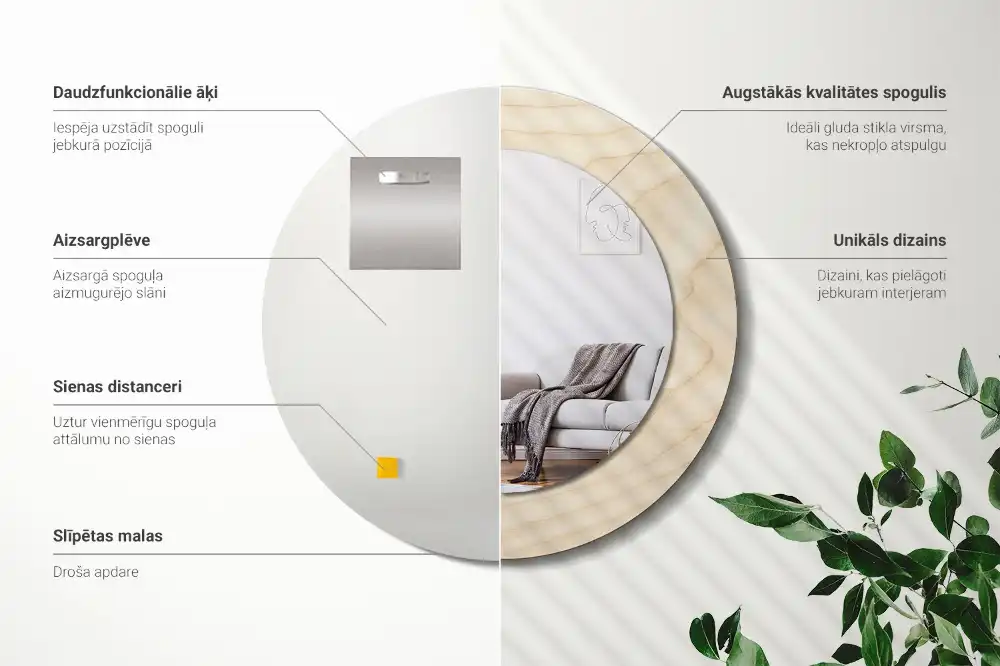 Round mirror frame with print Light wood