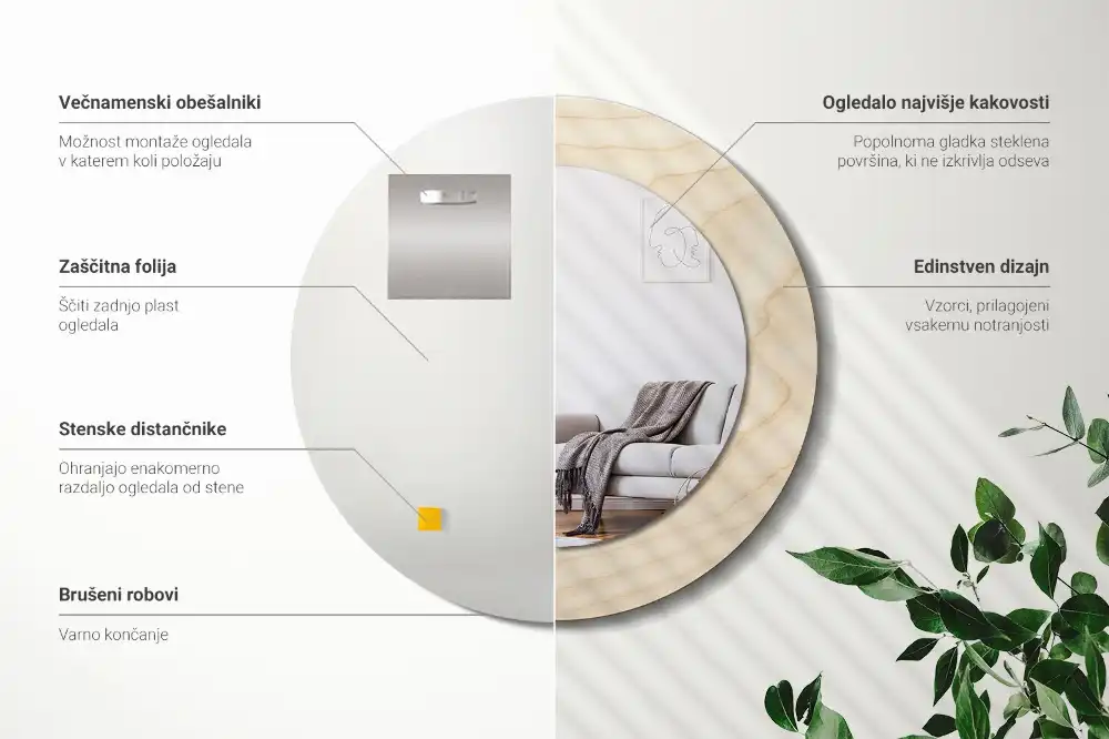 Round mirror frame with print Light wood