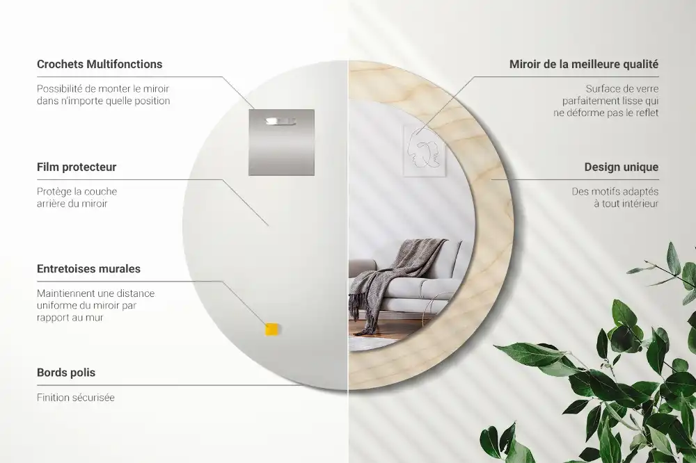 Round mirror frame with print Light wood