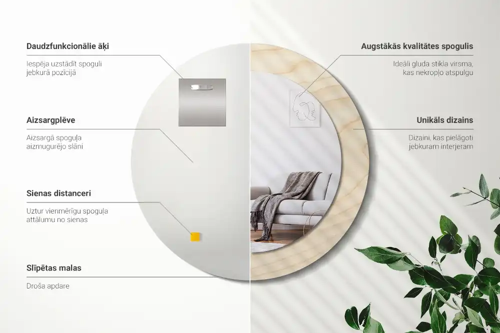 Round mirror frame with print Light wood