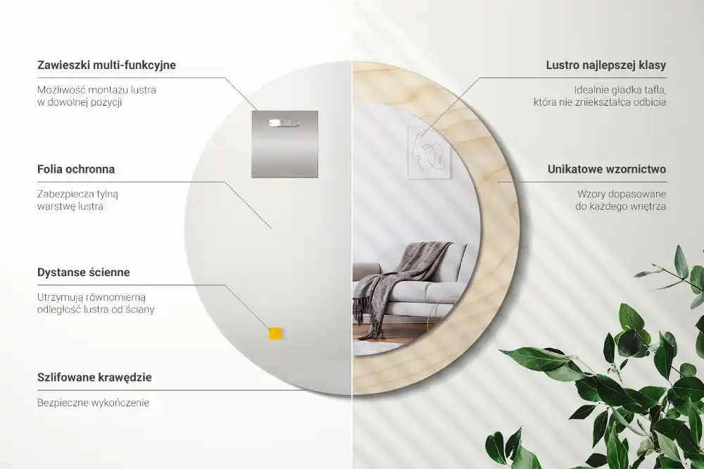 Round mirror frame with print Light wood