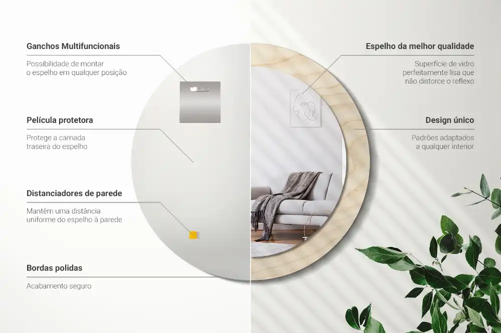 Round mirror frame with print Light wood