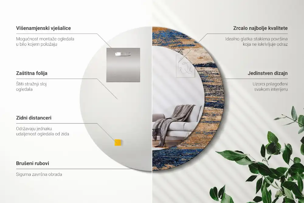 Round mirror frame with print Abstract Wood