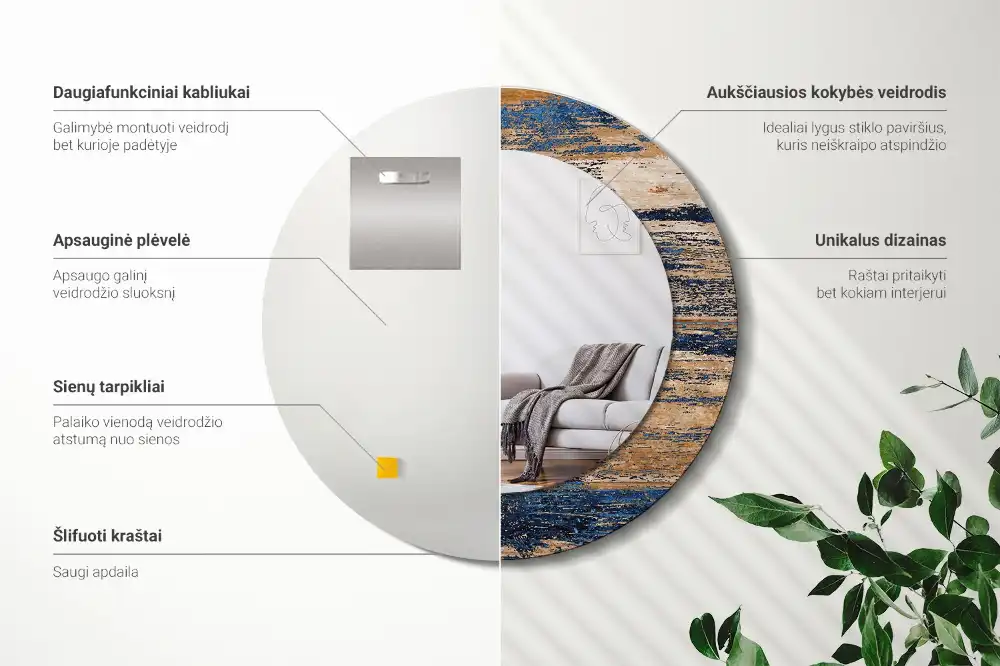 Round mirror frame with print Abstract Wood