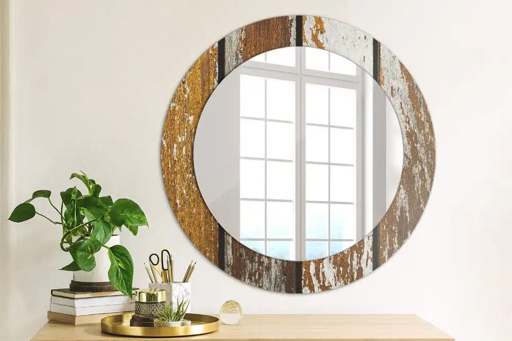 Round printed mirror Dark vintage wood