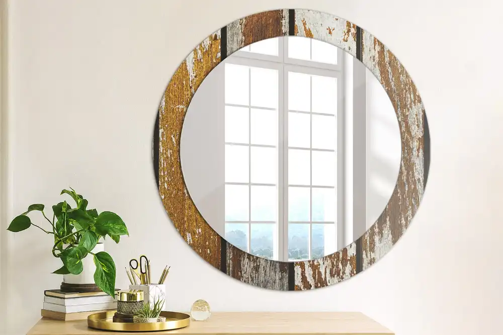 Round printed mirror Dark vintage wood