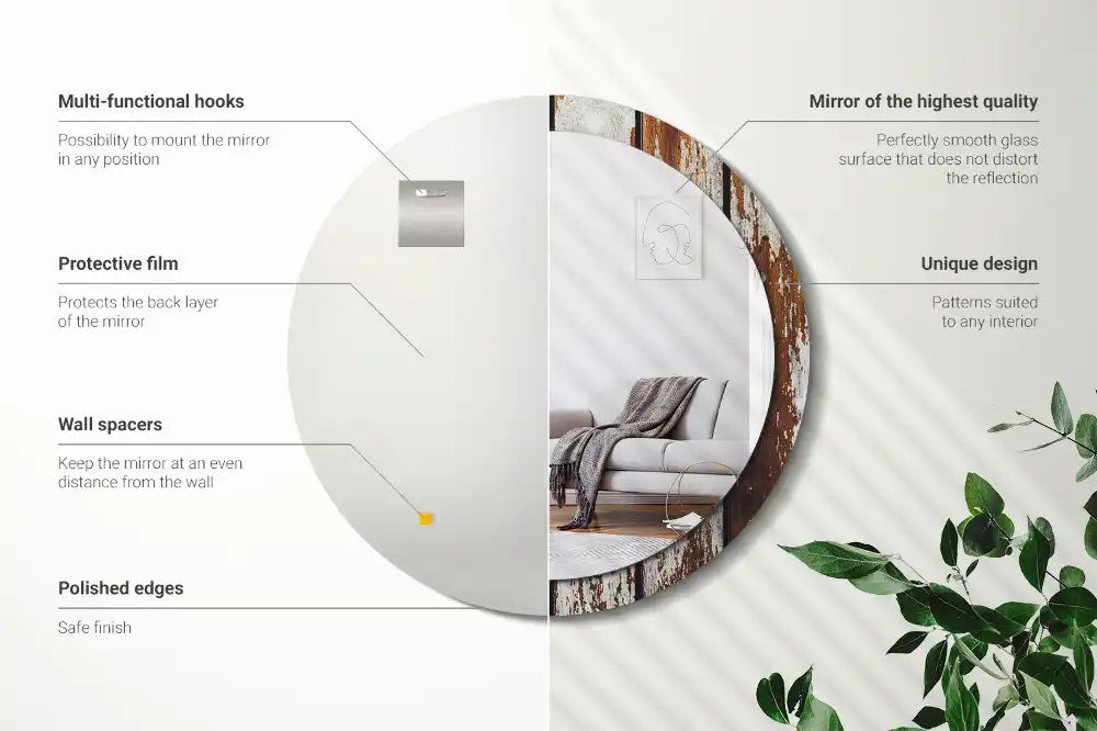 Round printed mirror Dark vintage wood