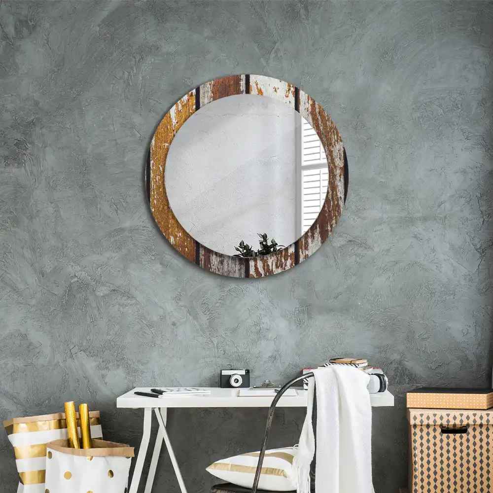 Round printed mirror Dark vintage wood