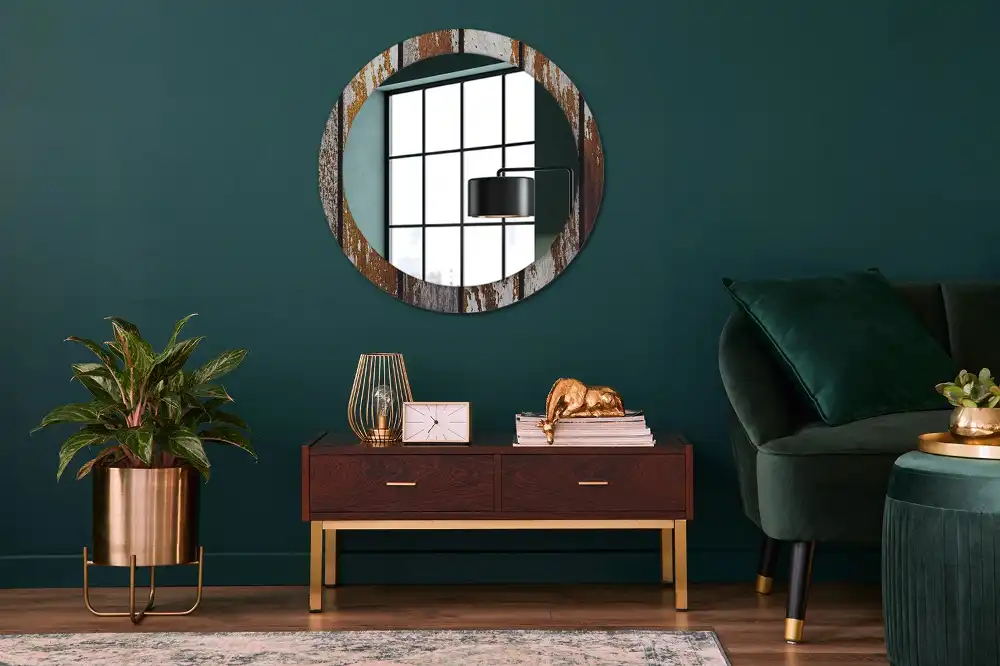 Round printed mirror Dark vintage wood