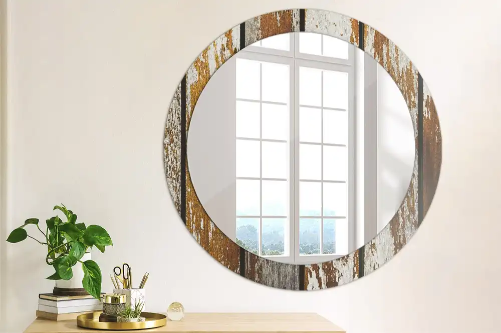 Round printed mirror Dark vintage wood