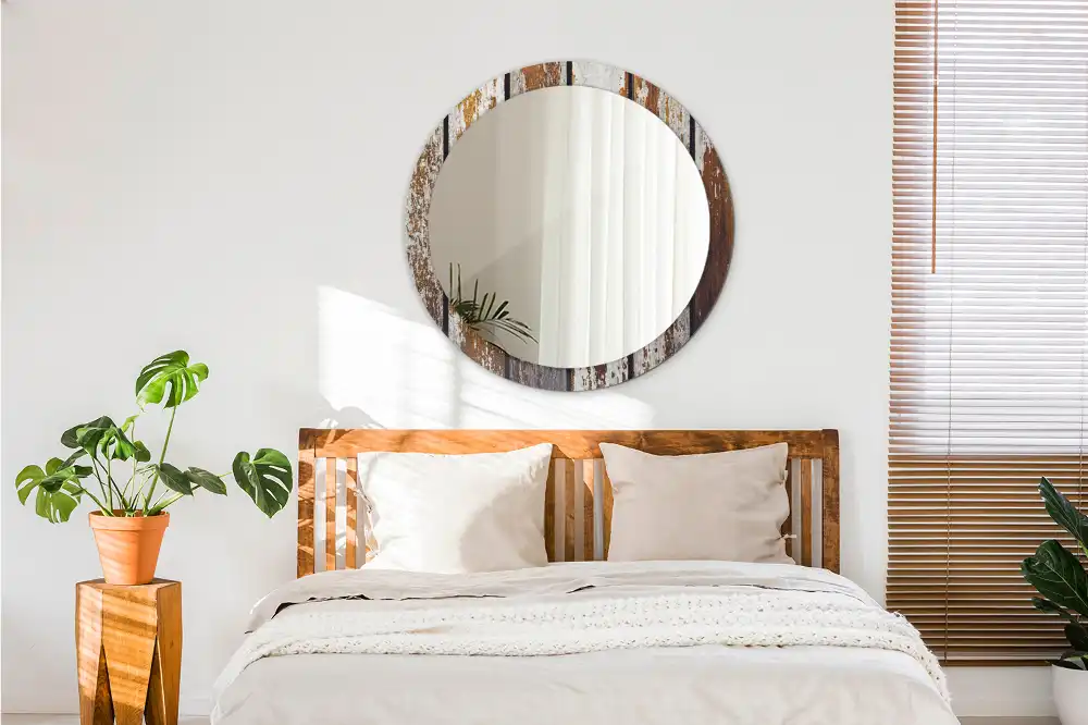 Round printed mirror Dark vintage wood