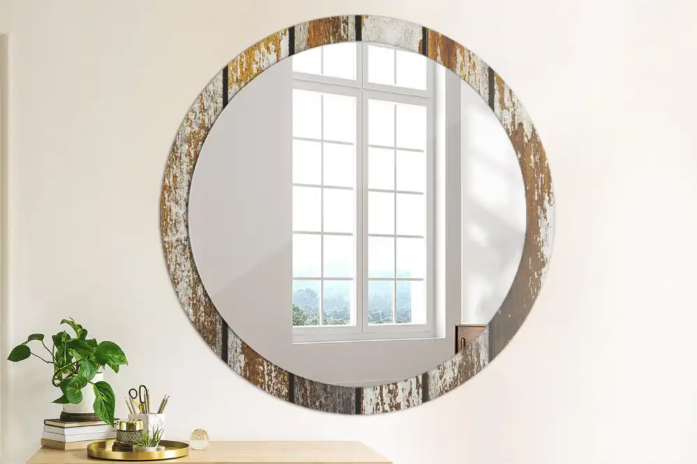 Round printed mirror Dark vintage wood