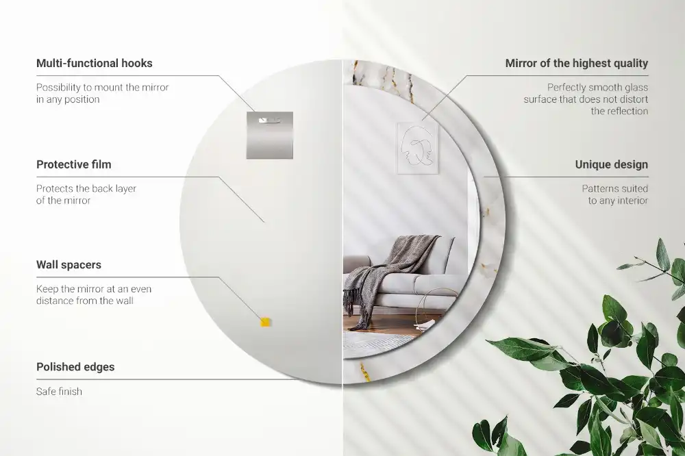 Round mirror frame with print Glossy marble