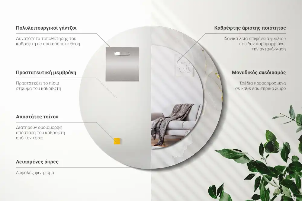 Round mirror frame with print Glossy marble