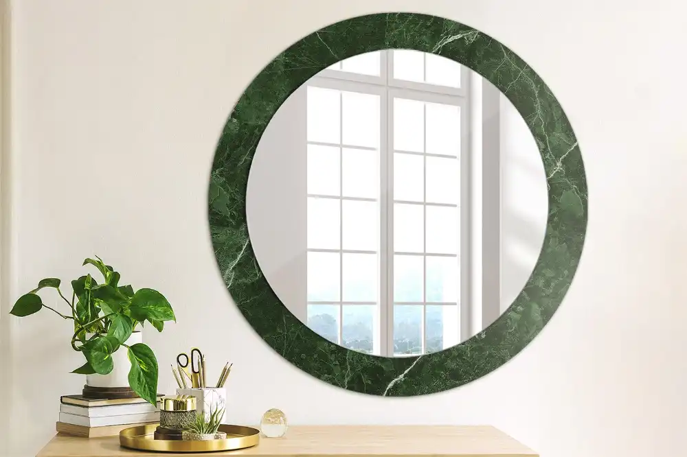 Round mirror frame with print Green marble