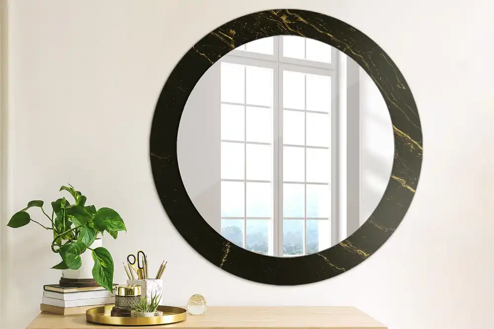 Round printed mirror Black marble