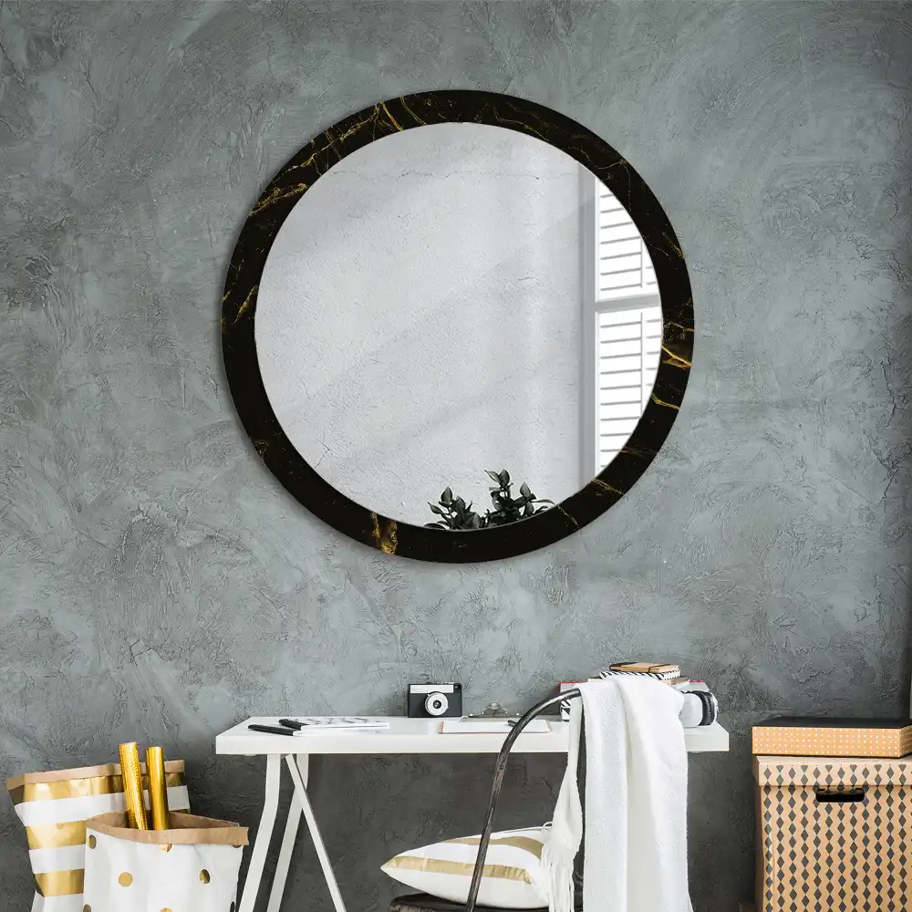 Round printed mirror Black marble
