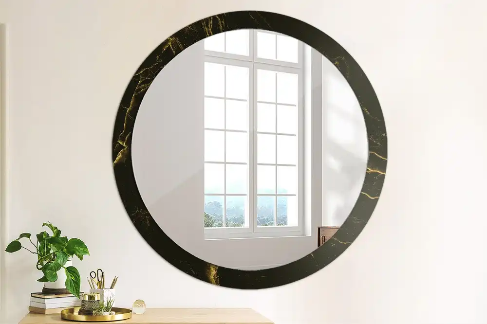Round printed mirror Black marble