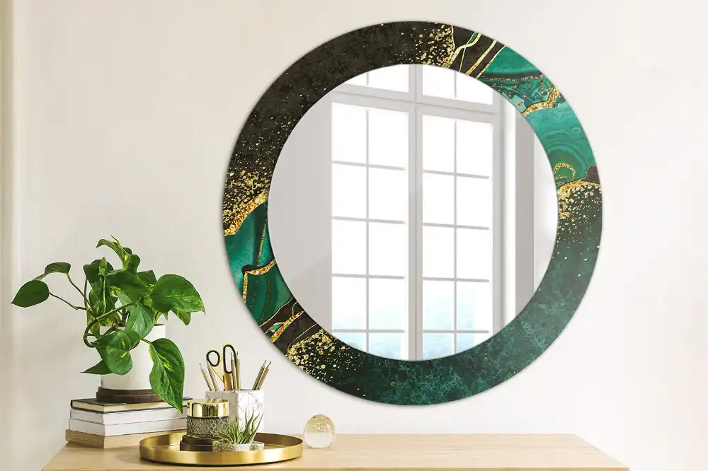 Round mirror frame with print Marble green