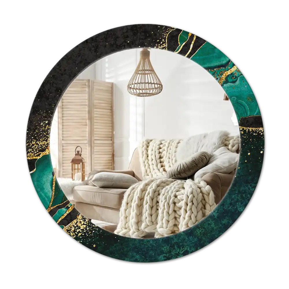 Round mirror frame with print Marble green