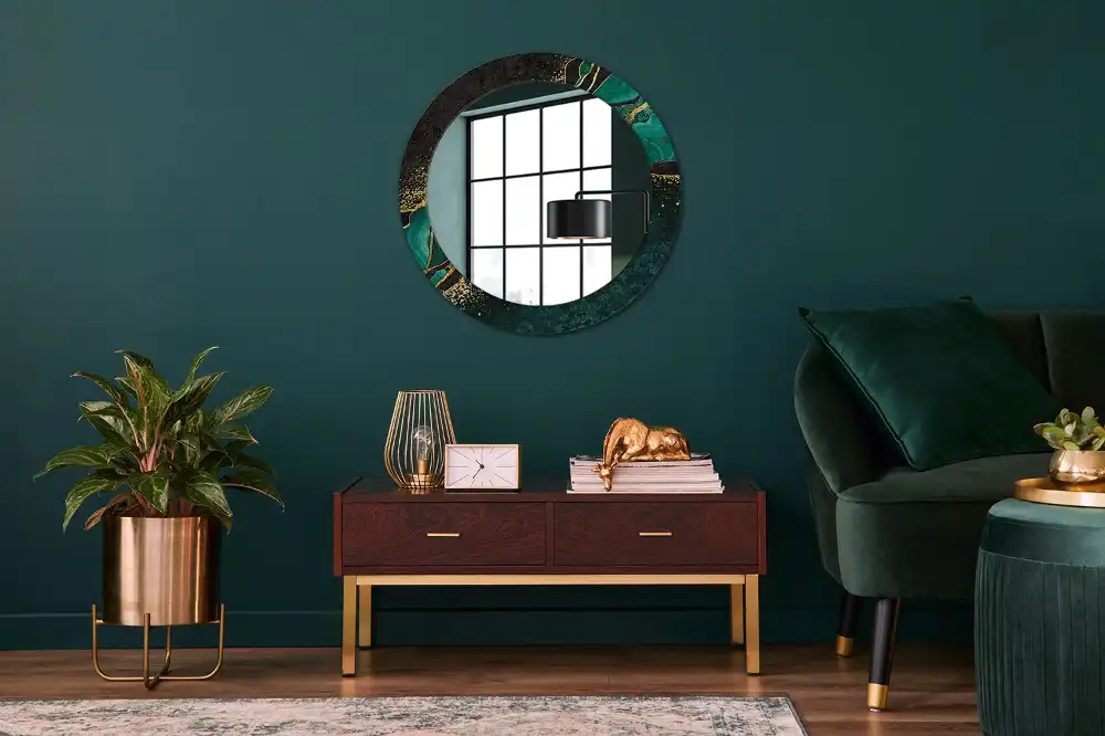 Round mirror frame with print Marble green