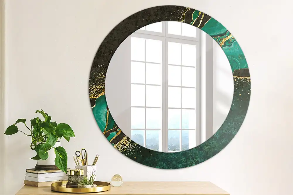 Round mirror frame with print Marble green