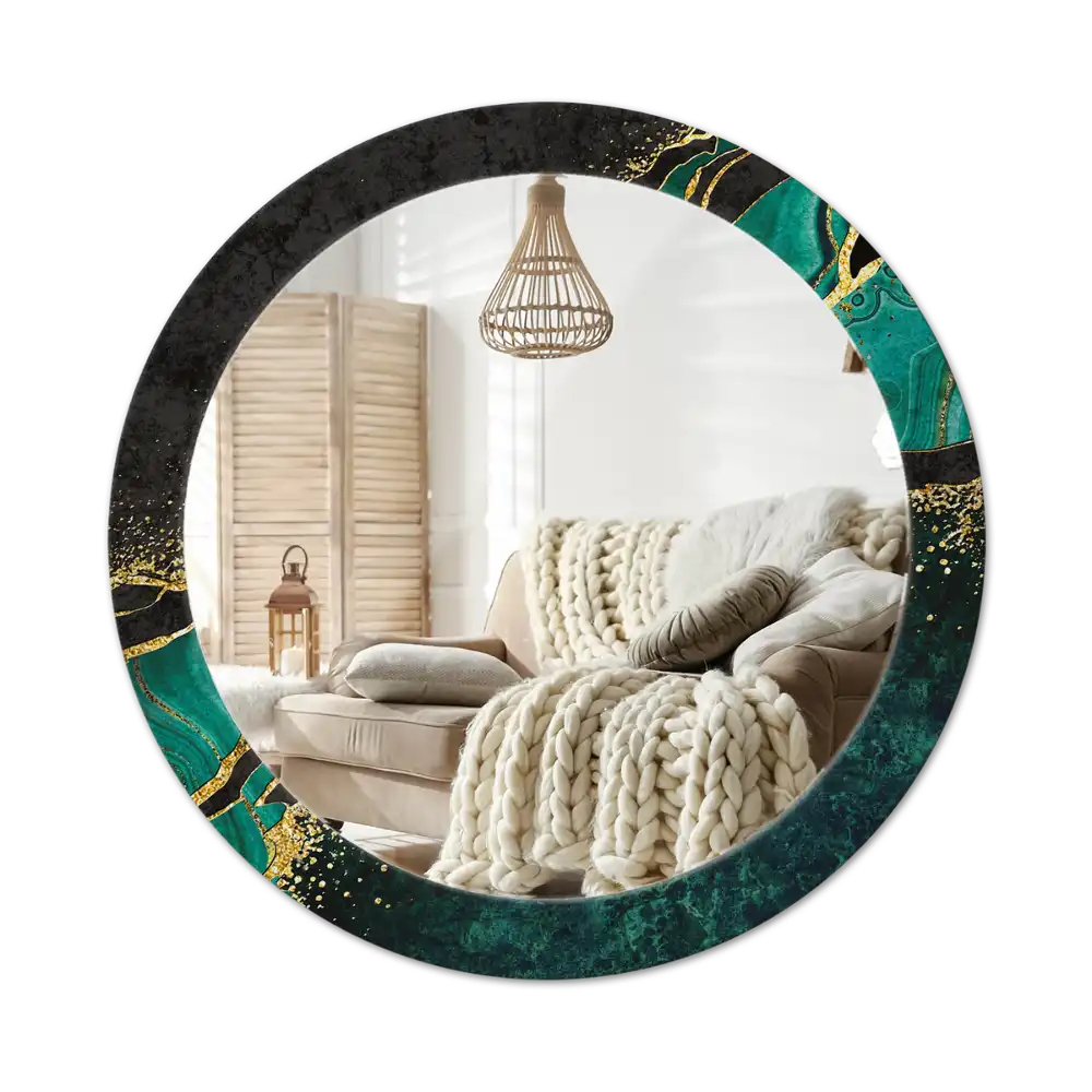 Round mirror frame with print Marble green