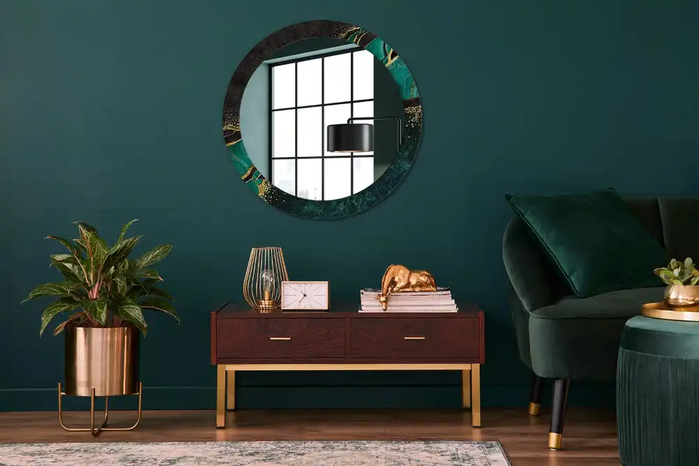 Round mirror frame with print Marble green