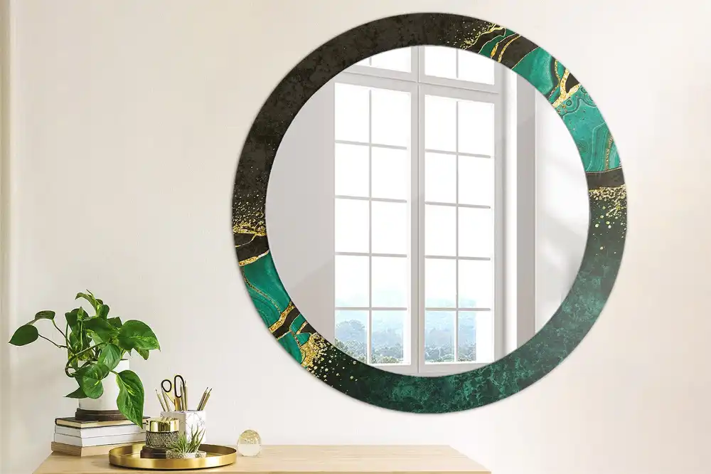 Round mirror frame with print Marble green
