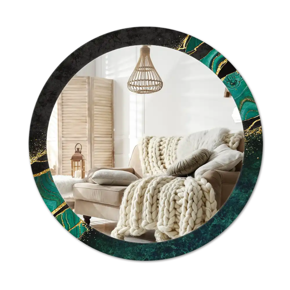 Round mirror frame with print Marble green