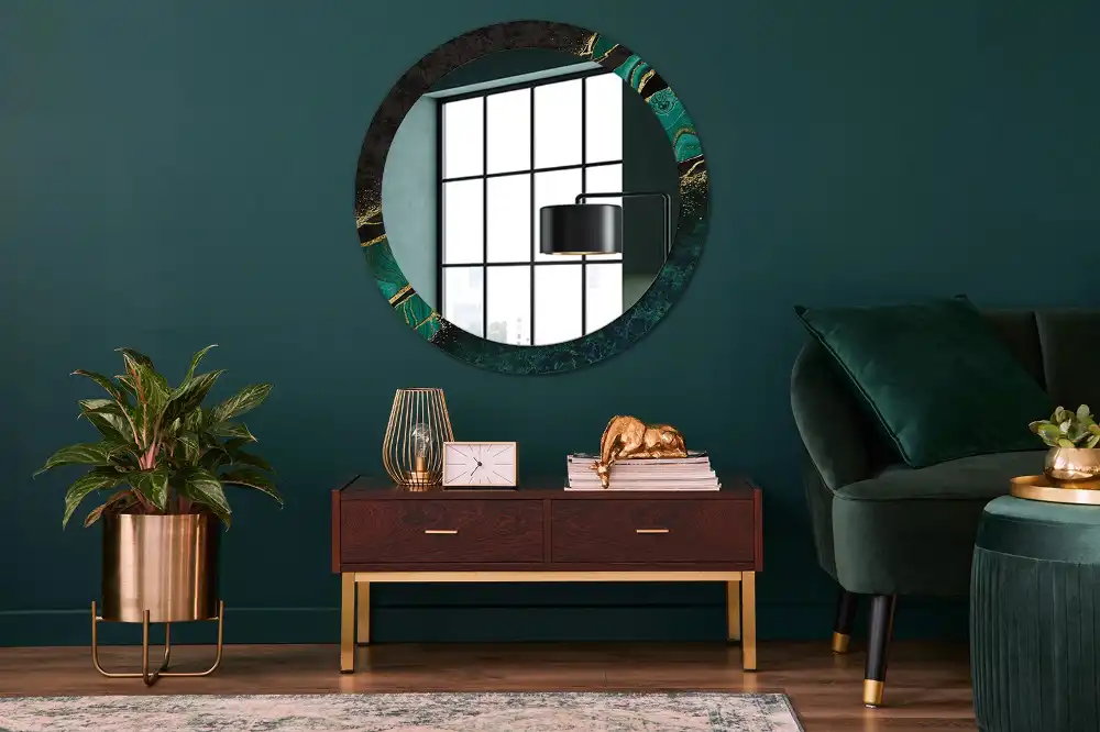 Round mirror frame with print Marble green