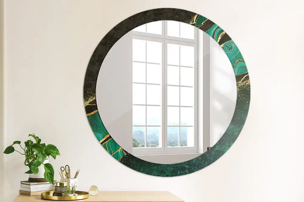 Round mirror frame with print Marble green