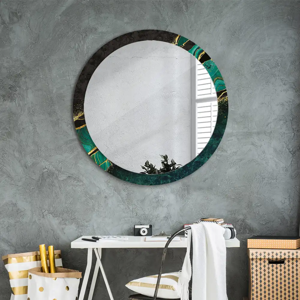 Round mirror frame with print Marble green