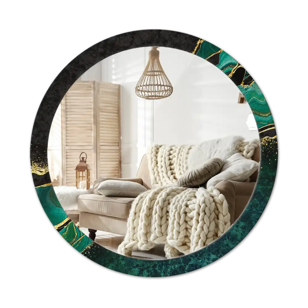 Round mirror frame with print Marble green