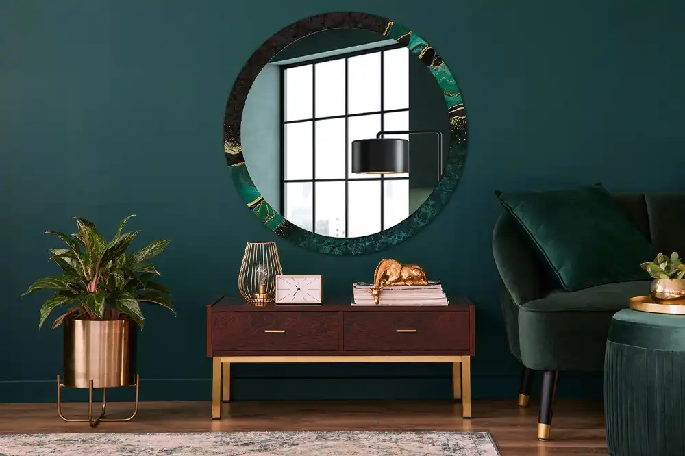 Round mirror frame with print Marble green