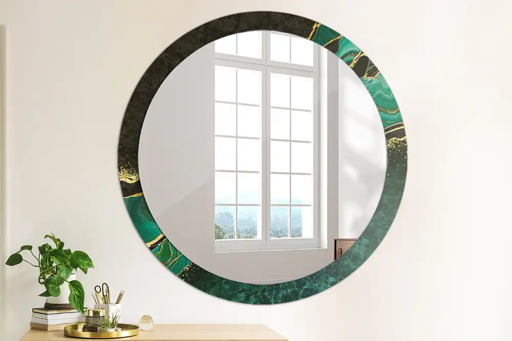 Round mirror frame with print Marble green