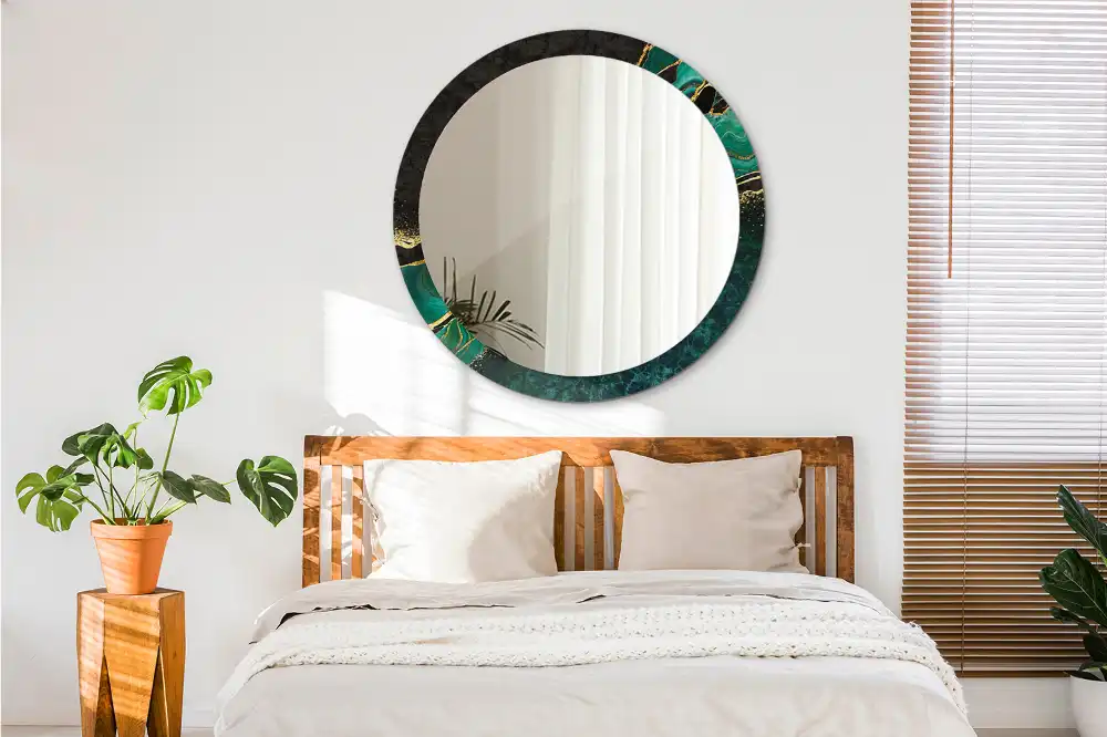 Round mirror frame with print Marble green