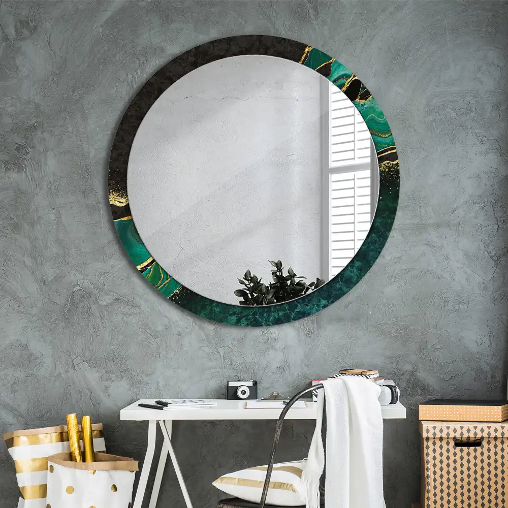 Round mirror frame with print Marble green